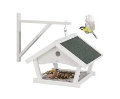 Relaxdays Comedero Pájaros Madera, Alimentador Aves Silvestres Colgante, Forma de Casa, Montaje de Pared, Jardín, Blanco