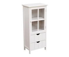 ESTANTERÍA Vitrina PEQUEÑA - 2 CAJONES-Estantería de Madera Blanca con Armario de Cristal y Dos cajones con líneas Verticales. Ideal para Decorar el baño del hogar. (31×29×83)