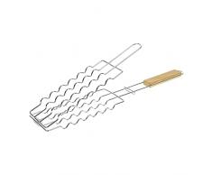 RUECAB 1083 Rejilla de Barbacoa Doble Acero Inoxidable para 6 Hacer Salchichas Mango Madera Plata 2 x 9 x 48 cm