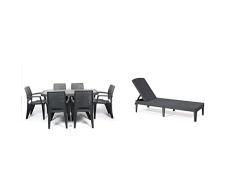 CREVICOSTA QUALITY MARK MARCAS DE CALIDAD Conjunto Luxe 6 Sillas Caribe Y 1 Mesa Caribe Antracita + Keter Jaipur Tumbona Plegable De Jardín Exterior, Grafito, 58 X 187 X 29 Cm