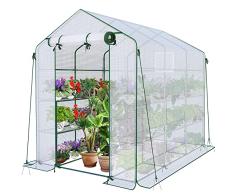 VOUNOT Invernadero de Jardín 143x215x195 cm Vivero Casero Plantas Cultivo con Puerta Enrollable y Ventana, Invernadero Huerto Caseta de Jardín 12 Estantes para Plantas Macetas Flores, Blanco