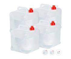 Relaxdays Bidón Plegable, Grifo & Tapón de Rosca, Garrafa de Camping, Sin BPA, 10L, 4 Uds, Transparente & Rojo, 10 L