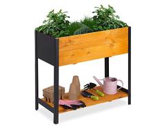 Relaxdays Huerto Urbano, Mesa Cultivo Madera y Metal, 72x78x36cm, Jardinera Forro Tela y Estante, Marrón Claro y Negro
