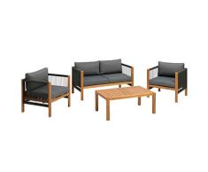 greemotion Conjunto Muebles de Jardín Abaco, Juego de Sofá Exterior de Madera de Acacia para 4 Personas, Mesa, Sofá, 2 Sillones con Cojines, Color Madera/Gris/Negro