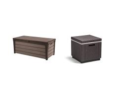 Keter Brushwood WLF Arcón Exterior, Capacidad 454 Litros, color Marrón + Ice Cube Mesa nevera para jardín, 5 litros, Marrón, 41x41x41 cm