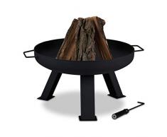 Relaxdays Brasero Exterior 60 cm Diámetro, con Atizador, Bandeja Fuego, Hoguera Jardín y Terraza, Redondo, Acero, Negro