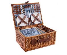 eGenuss LY12041BLU Cesta de Mimbre para Picnic. - 4 Personas. - Cubiertos de Acero Inoxidable, Nevera, Vasos de Vino y Platos de cerámica incluídos. - Color tartán Azul de 47 x 34 x 20 cms.
