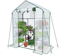 VOUNOT Invernadero de Jardín 143x73x195 cm Vivero Casero Plantas Cultivo con Puerta Enrollable y Ventana, Invernadero Huerto Caseta de Jardín 4 Estantes para Plantas Macetas Flores, Blanco