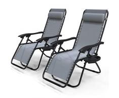 VOUNOT Set de 2 Tumbona Plegable Multiposicione Jardín, Silla Gravedad Cero Reclinable, con Soporte para Bebidas y Reposacabezas Axtraíble, Carga máxima 120kg, Gris