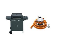 Campingaz 2 Series Classic Exs Vario Barbacoa De Gas Con 2 Quemador, 7.5Kw De Potencia, Parrilla Y Plancha De Hierro Fundido + S&M 321771 Regulador De Gas Butano+ Tubo Goma 1,5 M + 2 Abraz
