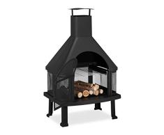 Relaxdays Chimenea Exterior con Parrilla, Protección contra chispas, Atizador, Acero, 110 x 63 x 51 cm, Negro