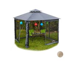 Relaxdays Carpa de jardín, Pabellón, Paredes Laterales con Cremallera, Mosquitera, Techo Impermeable, 3x3 m, Gris