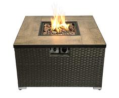 Teamson Home Mesa Baja y Brasero de Gas Propano en Ratán para Jardín, Quemador para Exteriores, Hoguera sin Humo, Calentador de Muebles de Patio con Tapa, Pantalla de Vidrio, Rocas de Lava y Cubierta
