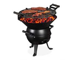 Relaxdays Barbacoa Pequeña Carbón, Hierro Fundido y Acero, Altura Regulable, Portátil, Parrilla 35 cm Ø, Camping, Negro