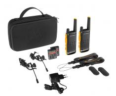 Motorola t82 extreme negro amarillo pareja walkie talkies 10km resistencia ipx4 linterna led 16 canales 121 códigos de privaci