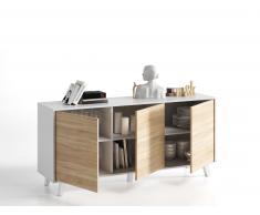 Mueble aparador de 3 puertas con estantes interiores en Blanco y Roble