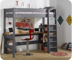 Cama alta juvenil CLAY 90x190cm, Gris Antracita, con Escritorio