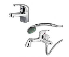ENKI estándar deck-mount grifo para bañera con alcachofa de ducha + grifo mezclador monomando para lavabo, color rojo