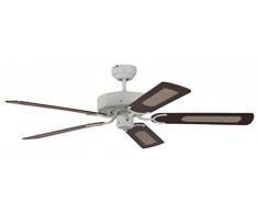 Pepeo Potkuri ventilador de techo sin luz, carcasa en blanco lacado, aspas reversibles color caoba con insertos de ratán, 132 cm, para habitaciones de hasta 25 m²