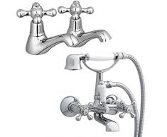 ENKI par de grifos para lavabo mezclador con alcachofa ducha para pared WINDSOR