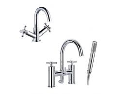 ENKI Cruz mango para bañera grifo con alcachofa de ducha + grifo mezclador monomando para lavabo paquete OXFORD