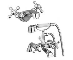 ENKI tradicional deck-mount – Grifo mezclador Bimando para bañera con ducha + grifo mezclador monomando para lavabo unidades Windsor
