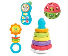 Winfun 46885 - Set 4 actividades bebé recién nacido / Incluye sonajero con mordedor, teléfono con luz y melodías, bola con sonajero y tentetieso / Regalo para bebés