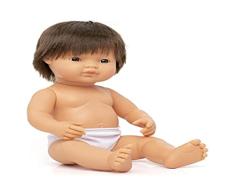 Miniland, Muñeco Bebé Europeo Niño Moreno, Vinilo Suave de 38Cm, Ligero y Agradable Perfume, Colección de Diferentes Etnias y Sexos para el Aprendizaje de la Diversida (31079)