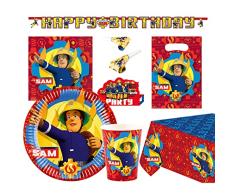 amscan 9902643-66 Fireman Sam-Juego de vajilla desechable y decoración, 62 Piezas, diseño de Bomberos, Multicolor