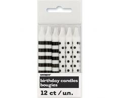 Unique Party- Paquete de 12 velas de cumpleaños a lunares y rayas, Color negro (19243)