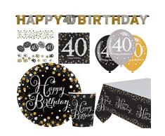 amscan 9050 0401-66 Happy Birthday 40-Set (41 Piezas, Platos, Vasos, servilletas, Globos, Confeti, Mantel, Cadena, vajilla desechable y decoración, cumpleaños, Fiestas), Multicolor