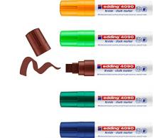 edding 4090 marcador de tiza, surtido, 5 rotuladores de tiza, punta biselada 4-15 mm, rotuladores para cristal borrables, para pizarras, vidrio y espejos, tiza líquida de cobertura opaca