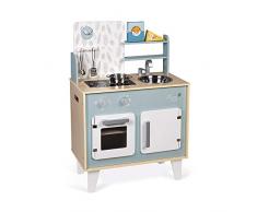 Janod - Cocina de madera para niños Plume - Con horno, fregadero de acero inoxidable, armario, pomos y reloj - Cocina con 5 accesorios - De 3 a 8 años, J06608