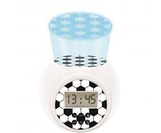 LEXIBOOK- Reloj Despertador fútbol con proyector, función de repetición y Alarma, luz Nocturna con Temporizador, Pantalla LCD, batería, Blanco/Negro, Color