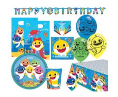 amscan 9911606-66 Baby Shark-Juego de vajilla y decoración para Fiestas (56 Piezas), diseño de tiburón, Multicolor