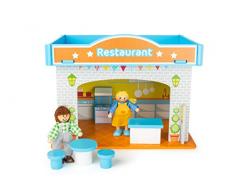 Small Foot 10852 - Casa de juegos de madera para restaurante, incluye mesas, sillas y dos muñecas flexibles y muebles estampados coloridos, construcción adaptable a los niños, pequeña casa de muñecas apta para niños a partir de 3 años