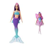 Barbie Sirena Muñeca con Pelo Lila, Cola ombré, Corona Rosa y Aletas esculpidas, Juguete +3 años (Mattel HGR10) & Dreamtopia Muñeca Hada, con Pelo Rosa,Color/Modelo Surtido