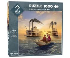 ART&Meeple Barco, Misisipi, Río, Retro Puzzle 1000 Piezas, AMMISSQ_01, Colores Cálidos, Puesta del Sol, Romántico, Pintura al óleo, Pintura Acrílica, 57,5x57,5 cm + Póster 48x48 cm