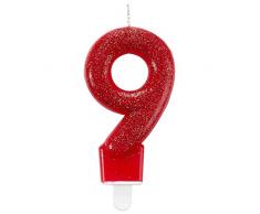 amscan- Vela numero con purpurina para tartas, Color rosso, 9 (9900770)