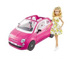 Barbie con su coche Fiat Muñeca rubia con vestido de moda y vehículo rosa de juguete, regalo para niñas y niños +3 años (Mattel GXR57)