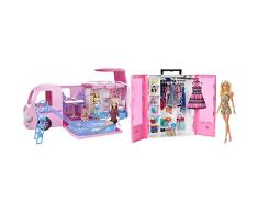 Barbie Autocaravana - Convertible - con Piscina y Ruedas Giratorias + Fashionistas Superarmario y Muñeca Perchero Desplegable Rosa con Ropa