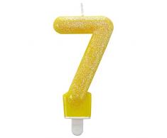 amscan- Vela numero con purpurina para tartas, Color amarillo, 7 (9900768)