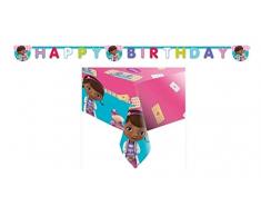 4740, pack fiesta Disney Doctora Jugutes, Doc McStuffins; compuesto por mantel fiesta 120x180 cm y guirnalda happy birthday de 2,40 metros aproximadamente, ideal para fiestas y cumpleaños.
