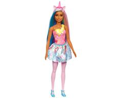 Barbie Unicornio Muñeca con pelo y cuerno rosa, falda de estrellas y accesorios fantasía, juguete +3 años (Mattel HGR21)
