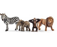 Schleich - Set 4 figuras de Iniciación Wild Life. León, Cebra, Cría de Elefante Africano, Cría de Chimpancé.