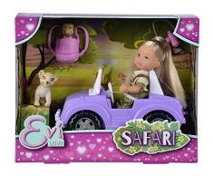 Simba 105733648 Evi Love - Muñeca de Juguete con Bonito Traje de Safari con Jeep, Mochila, Mono de bebé, león, prismáticos, 12 cm, a Partir de 3 años