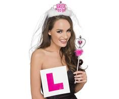 Smiffys-26856 Kit de Despedida de Soltera, con Tiara y Velo Bride to be, Placa de L y Varita, Color Rosa y Blanco, No es Applicable (26856)