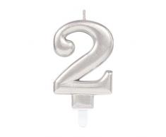 amscan- Number 2 Silver Birthday Candle-1 Pc. Vela de cumpleaños número 2 de plata – 1 unidad. (9903690) , color/modelo surtido