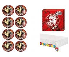 ALMACENESADAN, 4883, pack Avenger, Iron man compuesto por mantel 120x180 cm, 20 servilletas de papel 33x33 cm y 8 platos de cartón de 23cm, cara, ideal para fiestas y cumpleaños. (8435510348830)