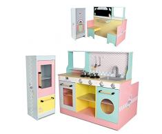 DEQUBE -Cocina Restaurante de Madera 4 módulos 2 en 1 con luz y Sonido -con Todo lo Necesario de una Cocina y de un Restaurante con Asientos y Mesa -con Accesorios metálicos - 90X81X82 cm (913D00015)